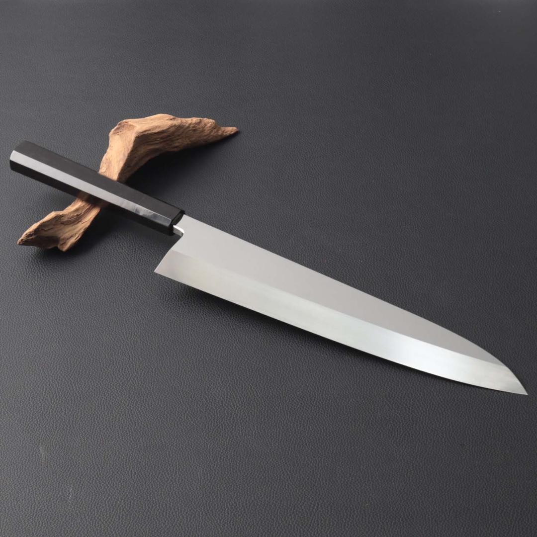 10583 究極の出刃包丁 尺 鏡面仕上げ 刺身包丁 黒檀黒水牛角八角柄