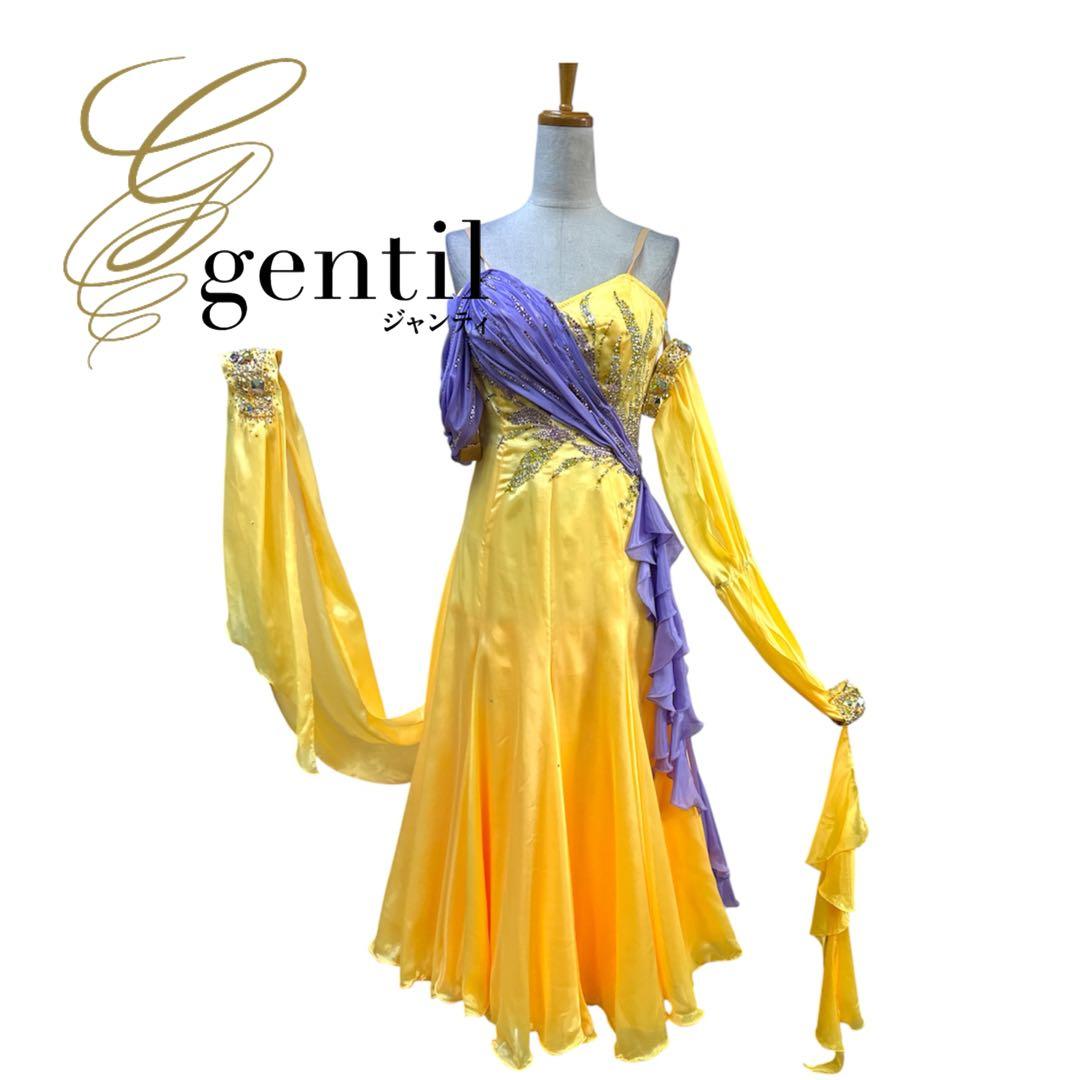 6338★ジャンティ★M 黄色 サテン スワロ スタンダード ドレス社交ダンス 社交ダンス モダンドレス #03181