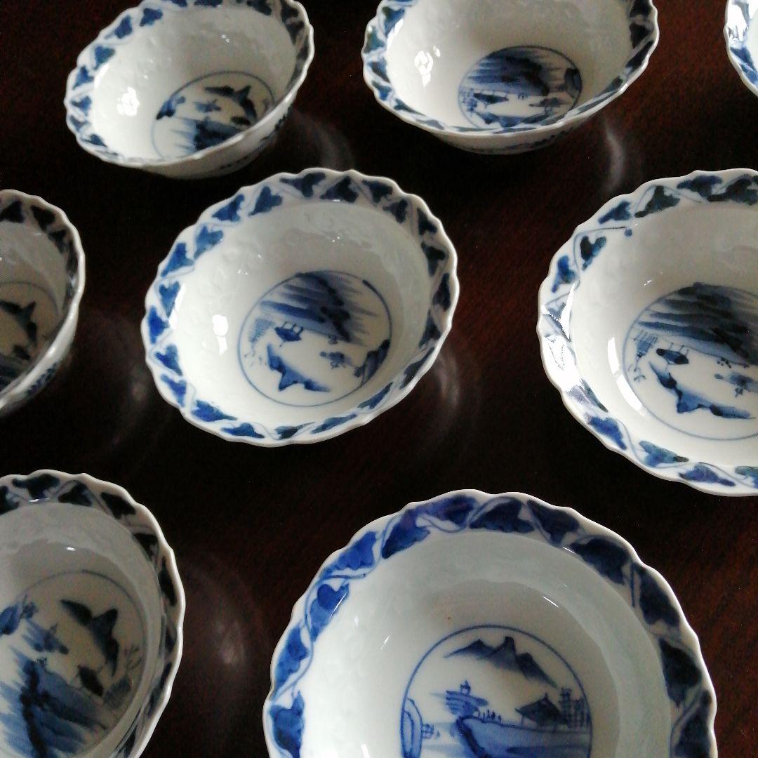 伊万里 染付輪花縁小鉢 9客 13cm 大正〜昭和初期