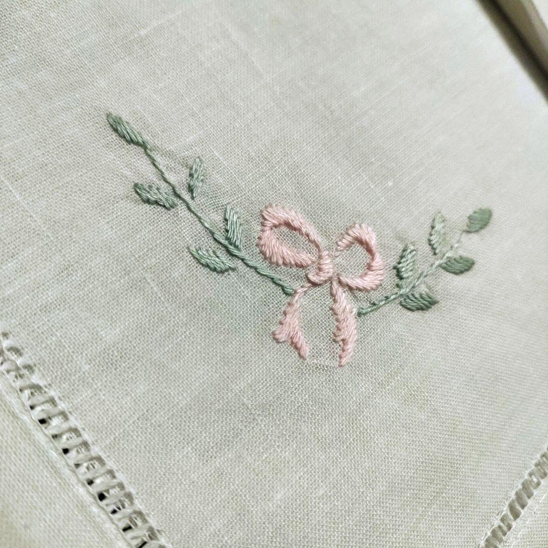 ♥新品 正方形 リネン キッチンクロス ランチクロス 刺繍 リボン 2枚