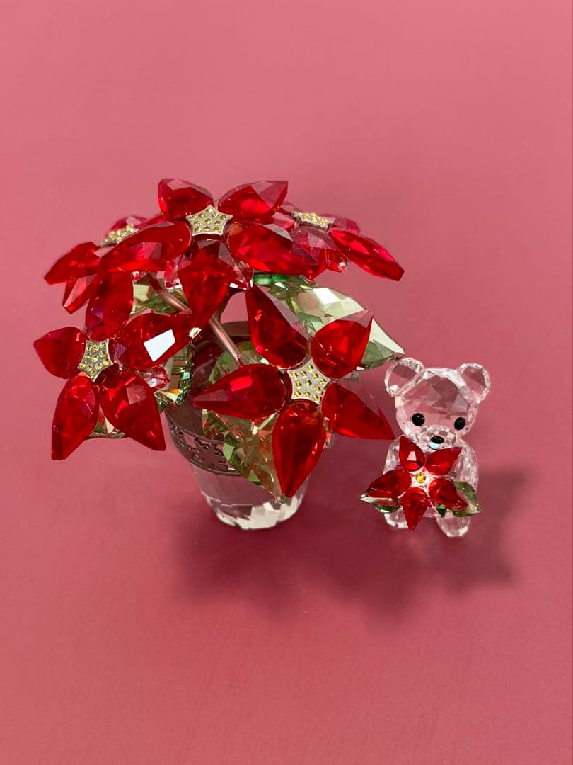 美品 スワロフスキー クリスマスのクリスベアとポインセチアの置物