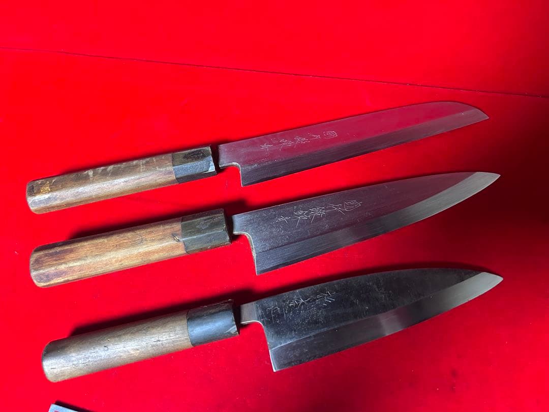包丁　国行鍛錬　薄刃　身卸　青鋼　杉本　出刃　まとめて3本　中古品 青鋼身卸庖刀 – 包丁の築地正本