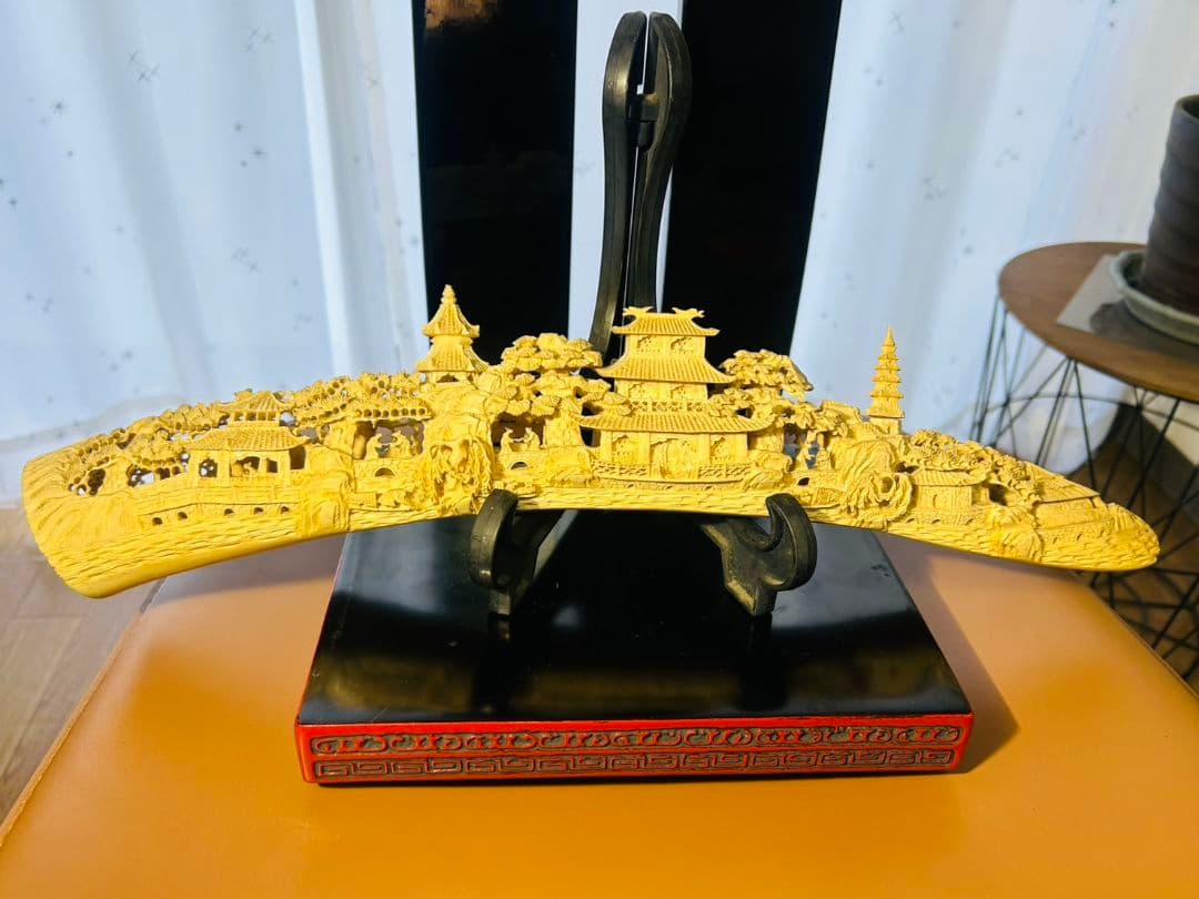 中国風景彫刻置物 約30cm 人物像 置物 陶器製 中国美術 オブジェ 枕 彫刻 民芸 工芸品 中国 唐物