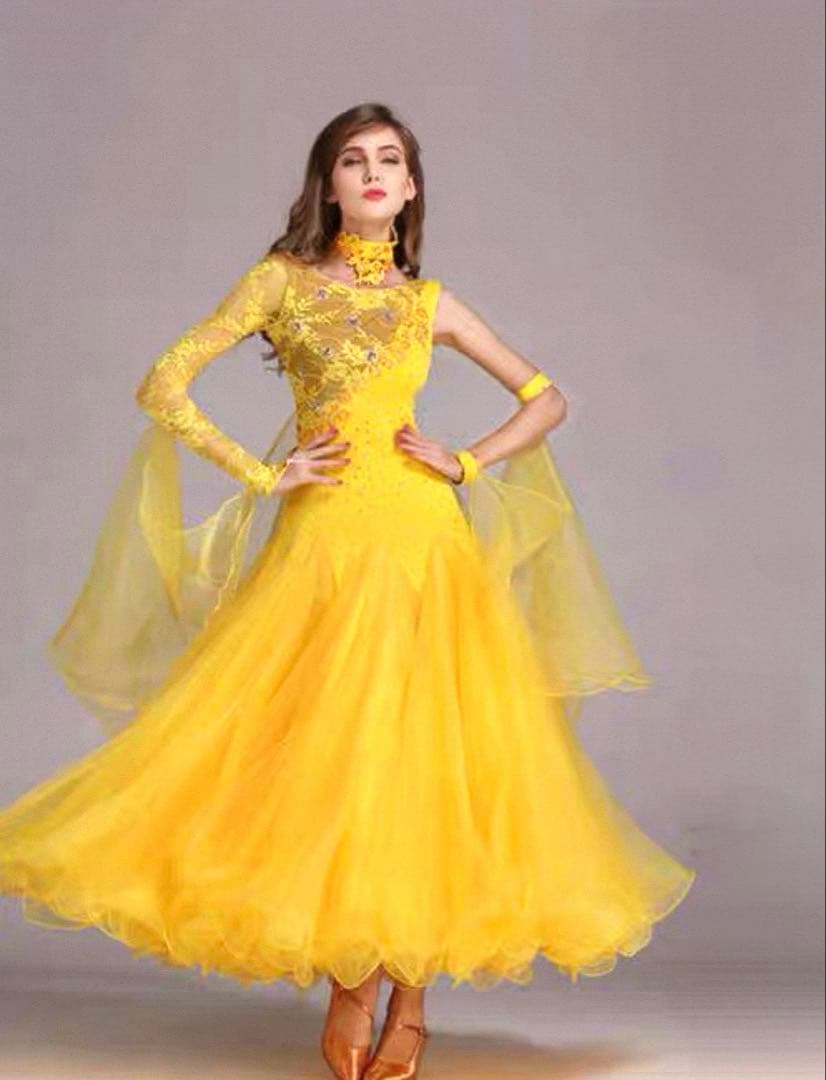 組み立て式 イエロービーズ刺繍片肩の社交ダンスドレス