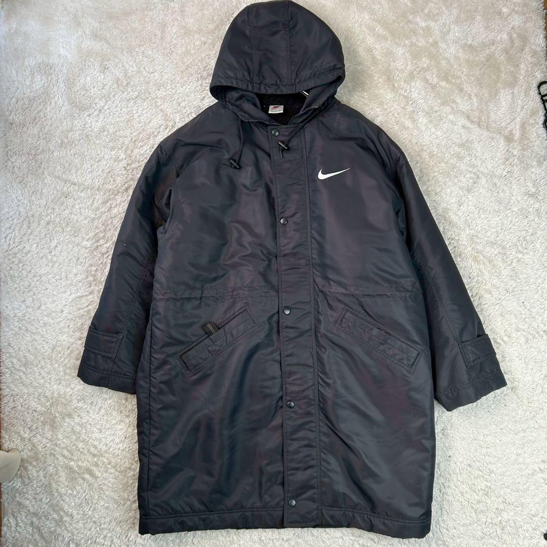【希少】NIKE ナイキ スウッシュ刺繍 ベンチコート ロングコート ブラックL 希少】NIKE ナイキ スウッシュ刺繍 ベンチコート ロングコート