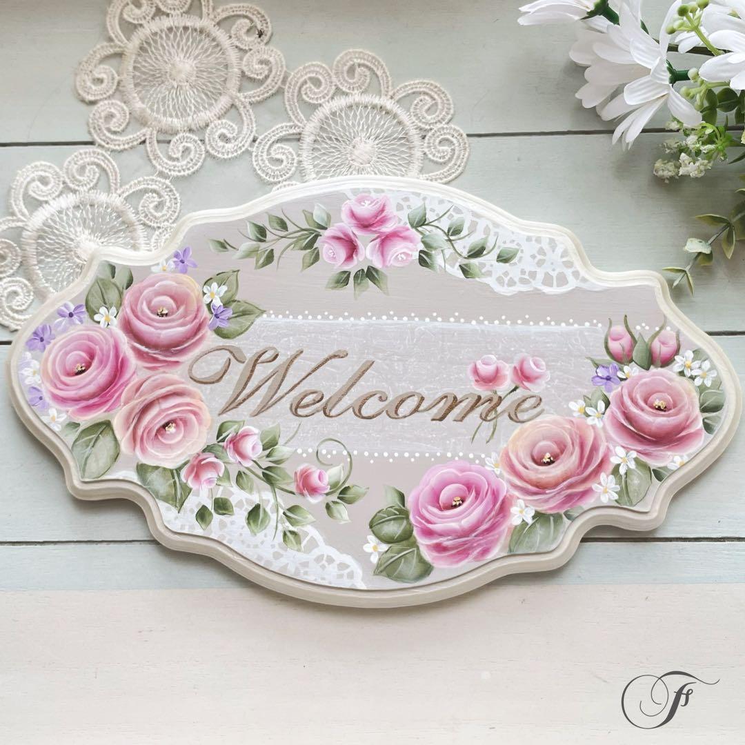 トールペイント作品 ウエルカムボード ピンクのバラ インテリア雑貨