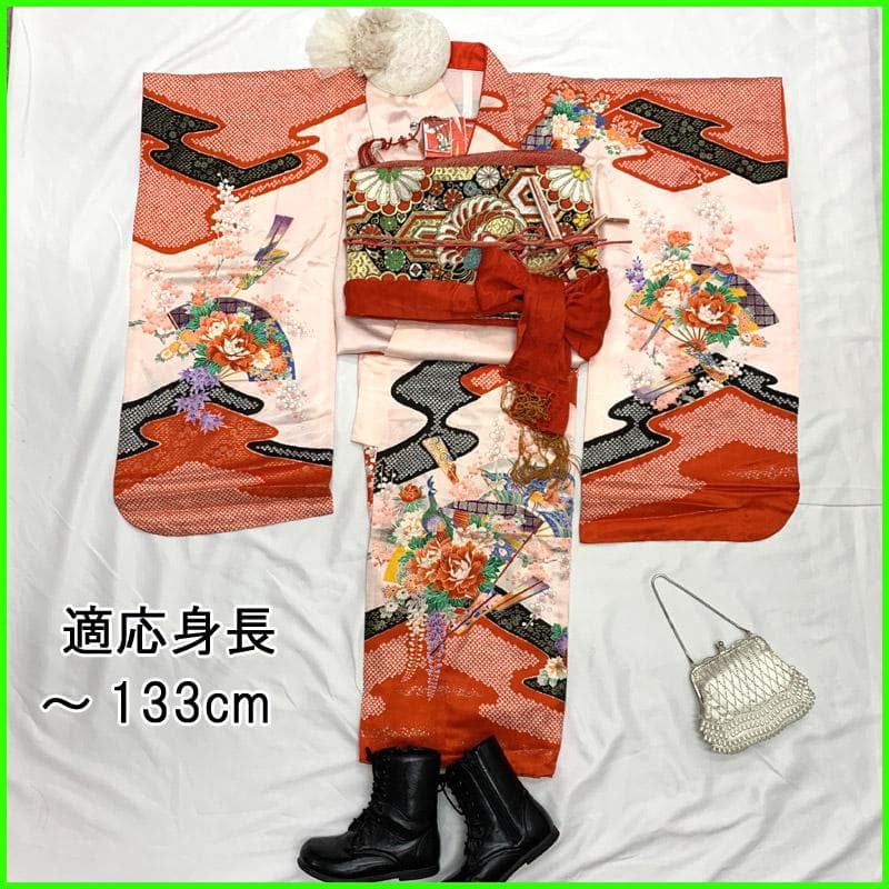 511ag19■七五三 七歳 女児 着物&丸帯 絞り染風 扇■状態良好 七五三 7歳着物 レンタル フルセット 式部クラシック ブランド着物 緑