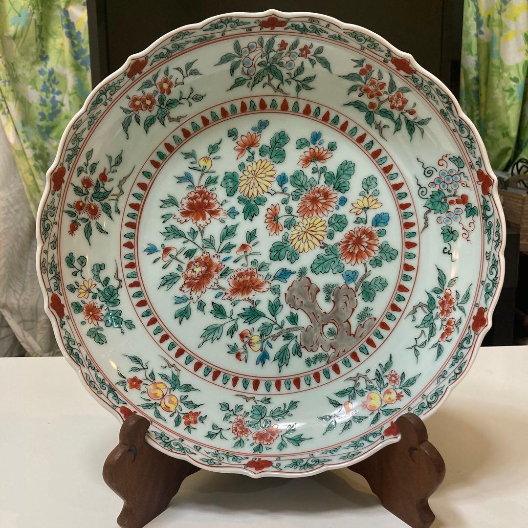 清水焼　平安一星作　彩色菊花大鉢　皿立て付き　直径30㎝　アンティーク 京都 清水焼】足つき小皿 金彩七宝絵