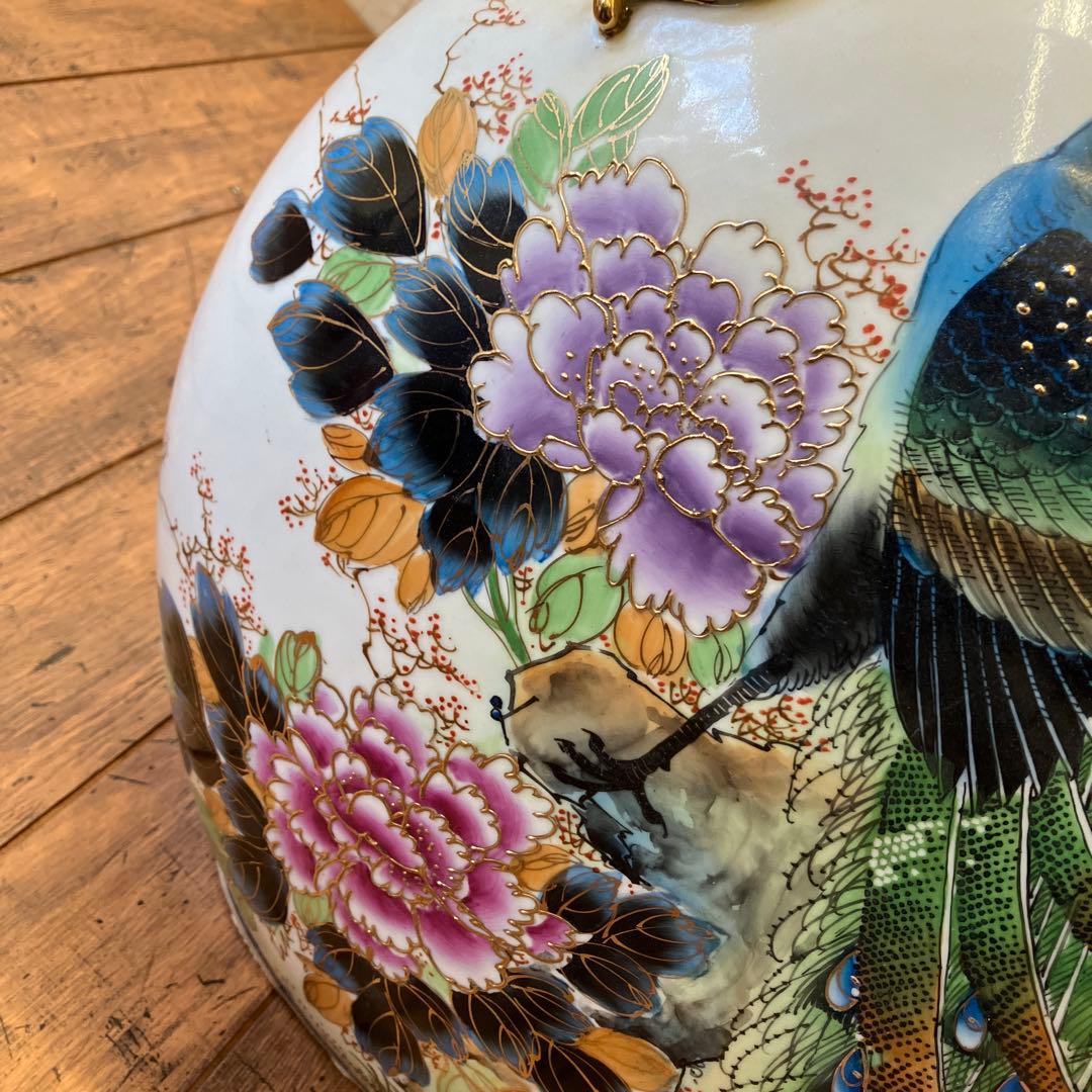 中国古美術 陶器製 金彩 孔雀 花柄 龍持ち手 大型 花瓶 ボトル型 花器