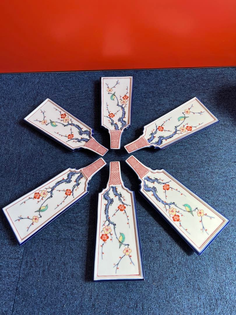 1069 　幸楽窯　有田焼　伊万里 色絵 梅にうぐいす 羽子板　6客 1069 幸楽窯有田焼伊万里 色絵 梅にうぐいす 羽子板6客