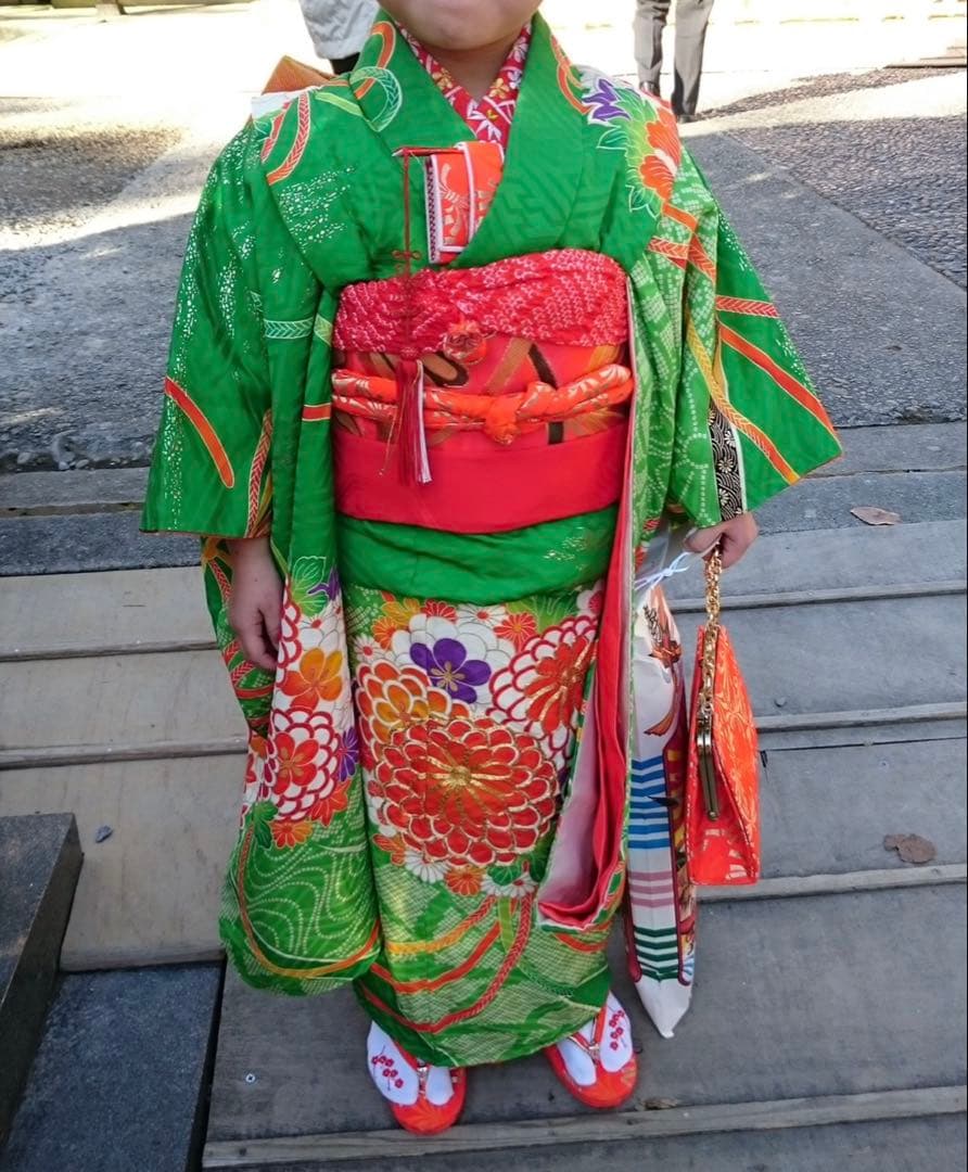 正絹　七五三用 花柄 緑色着物 七五三用 花柄 緑色 着物 - メルカリ