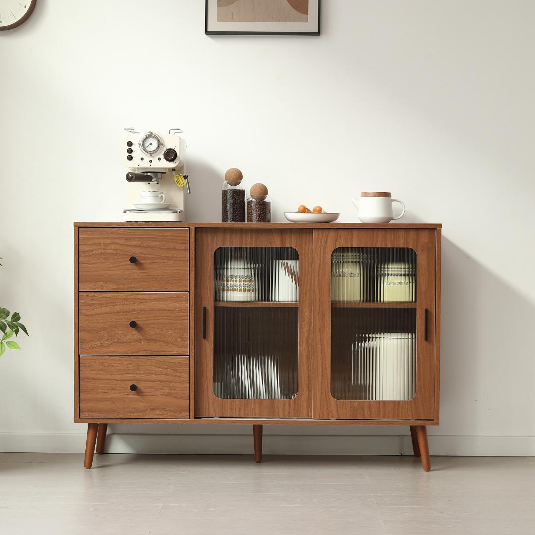 【新品】大容量サイドボード 引き戸付き おしゃれ 北欧木目 収納チェスト 引き戸 サイドボード キャビネット おしゃれ 120cm 北欧 天然木