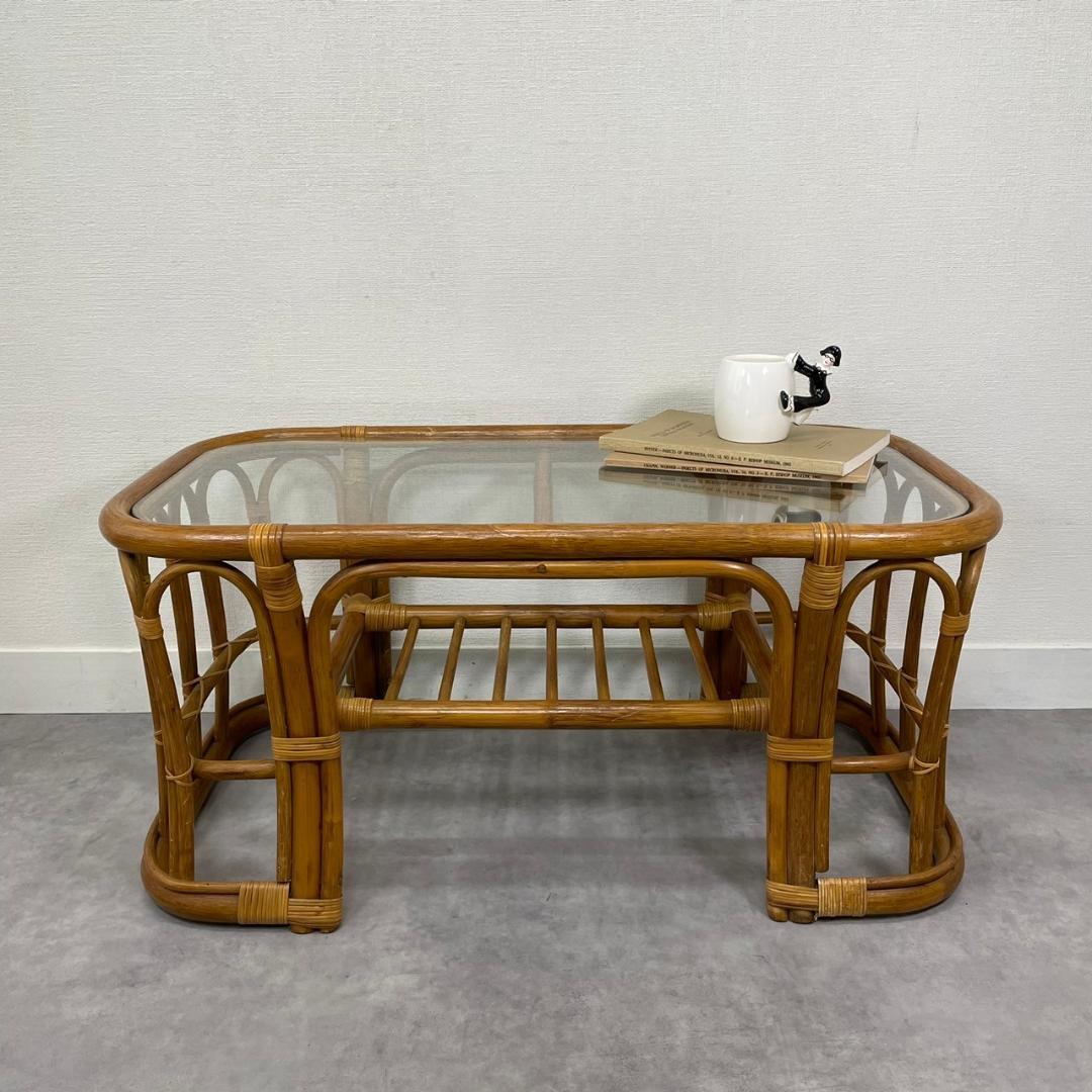 ラタンテーブル 籐 コーヒーテーブル センターテーブル 棚付きヴィンテージ