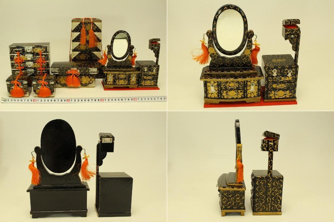 ミニチュア 雛道具 木製 蒔絵家具 重箱 針 鏡 揃い セット(ZE359