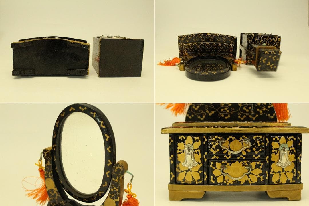 ミニチュア 雛道具 木製 蒔絵家具 重箱 針 鏡 揃い セット(ZE359