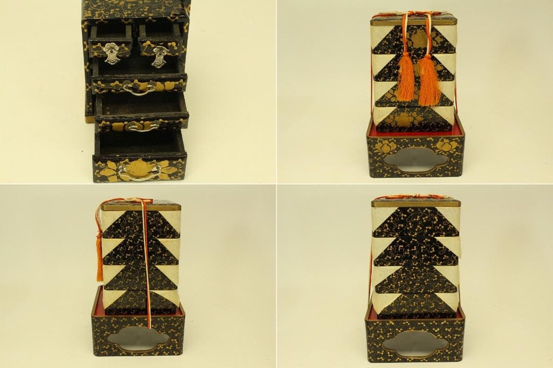 ミニチュア 雛道具 木製 蒔絵家具 重箱 針 鏡 揃い セット(ZE359