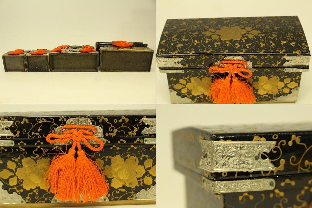 ミニチュア 雛道具 木製 蒔絵家具 重箱 針 鏡 揃い セット(ZE359