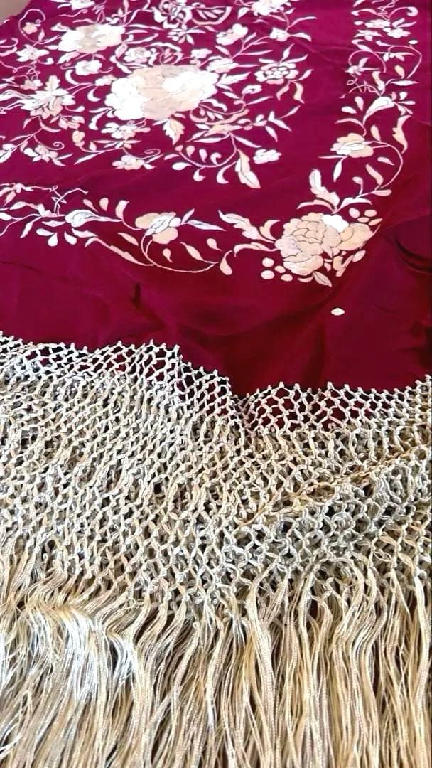 新品］シルク100% 高級マントン・ボルドーxベージュ刺繍+刺繍同色