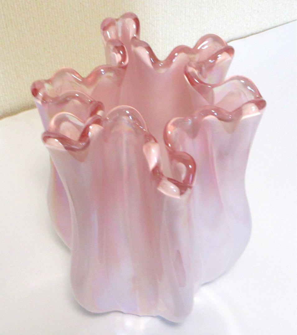 【美品】　花瓶　ガラス　オーロラ　ピンク　約27cm×17.5cm　約2494g