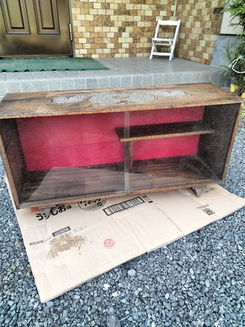 レトロ京都銀行20周年記念木製飾り棚ショーケース ガラスケース アンティーク 卓上 木製 ガラス 2段 ディスプレイラック