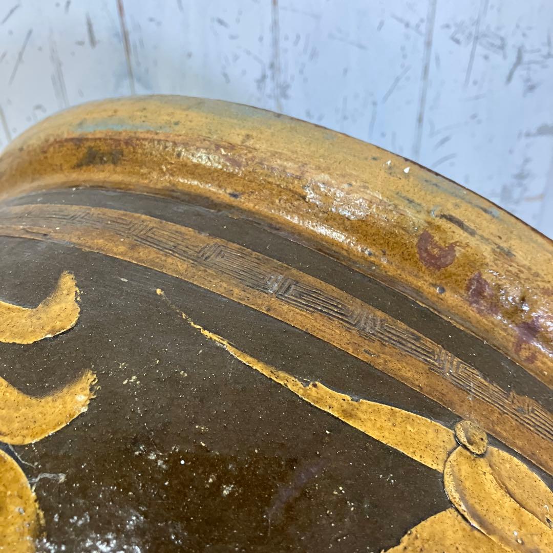 C-壁 昭和レトロ 龍模様 火鉢 陶器製 アンティーク 壺 甕 龍彫り 古