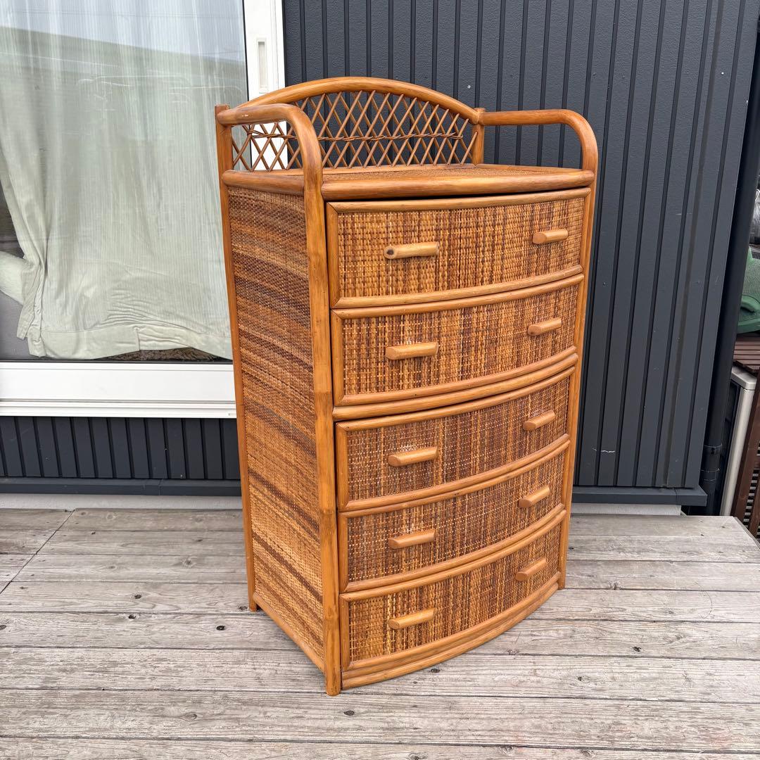 昭和レトロ 大型 ラタンチェスト 5段 引き出し 籐家具 ナチュラル 収納