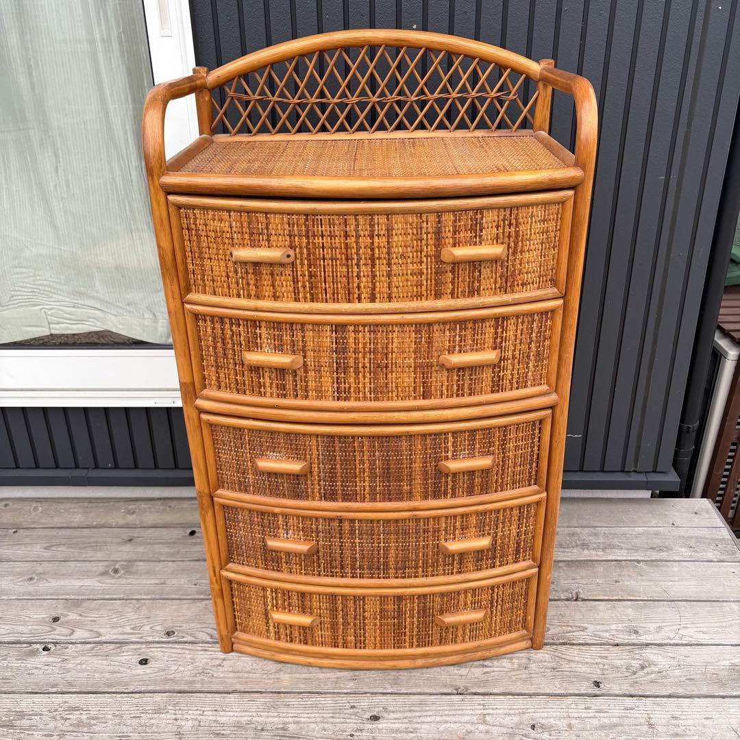 昭和レトロ 大型 ラタンチェスト 5段 引き出し 籐家具 ナチュラル 収納