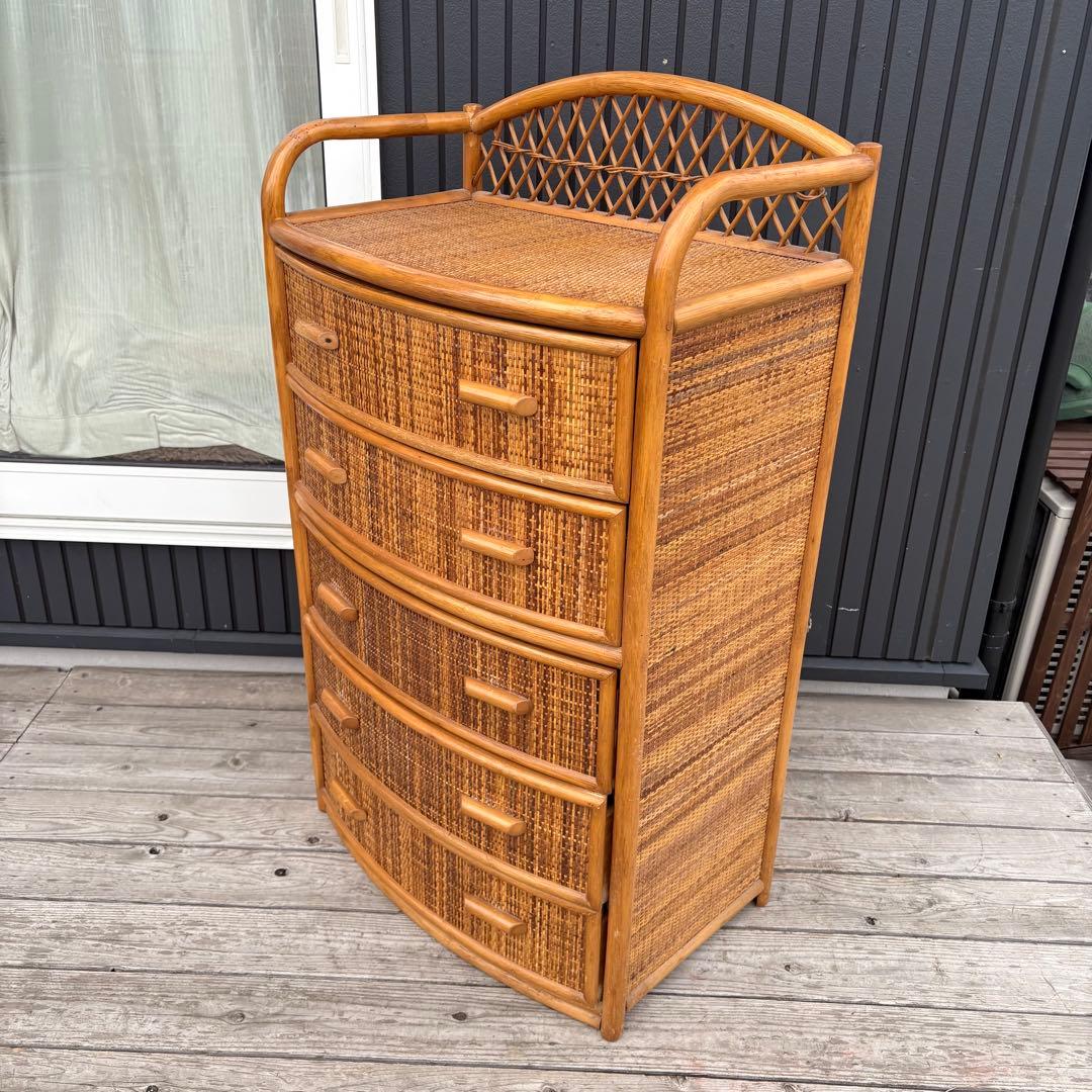 昭和レトロ 大型 ラタンチェスト 5段 引き出し 籐家具 ナチュラル 収納