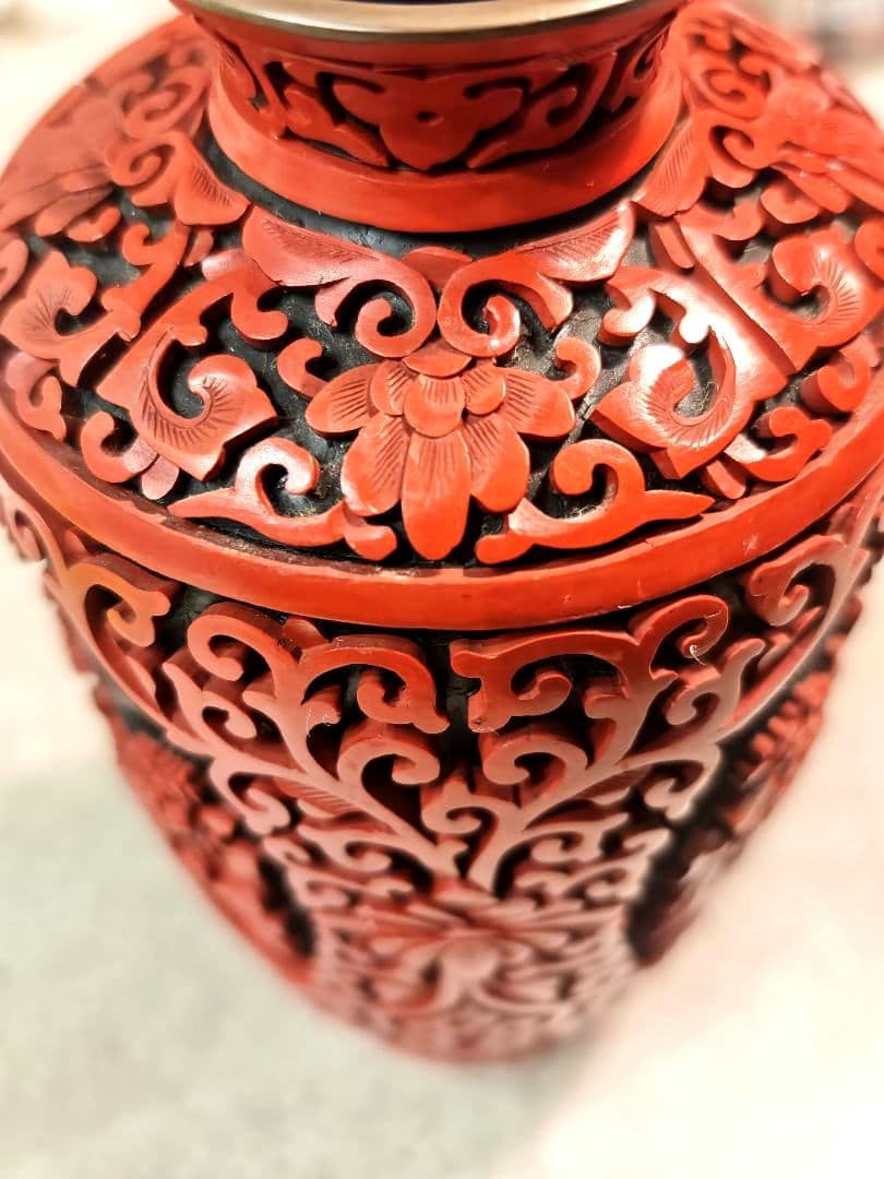 堆朱花瓶 高さ約19cm 中国美術 漆工芸 細密彫刻 花文様 花入 骨董品