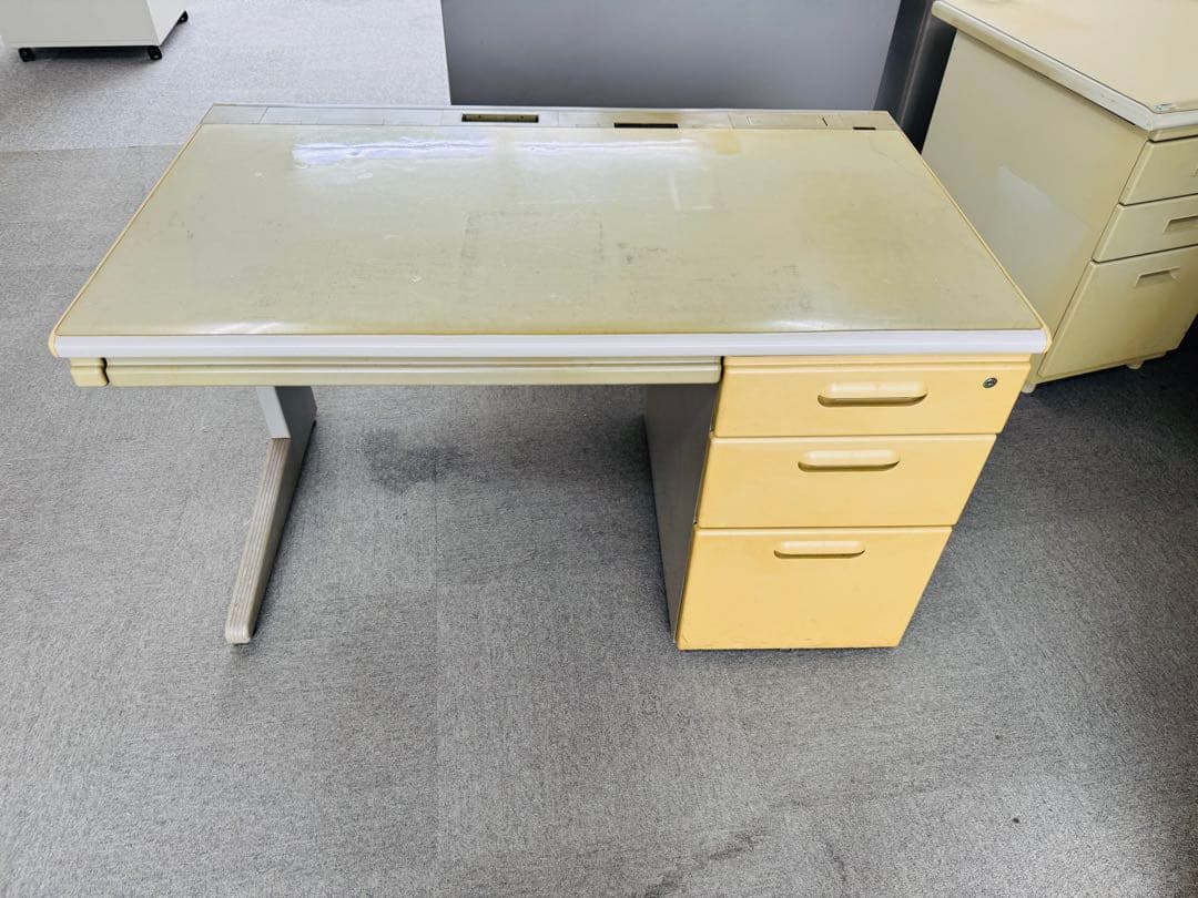 福岡発　テーブル 事務机 スチール 引き出し テーブル レトロ 120cm デスク＆チェアセット 幅120cm ヴィンテージ風 木目調 スチール