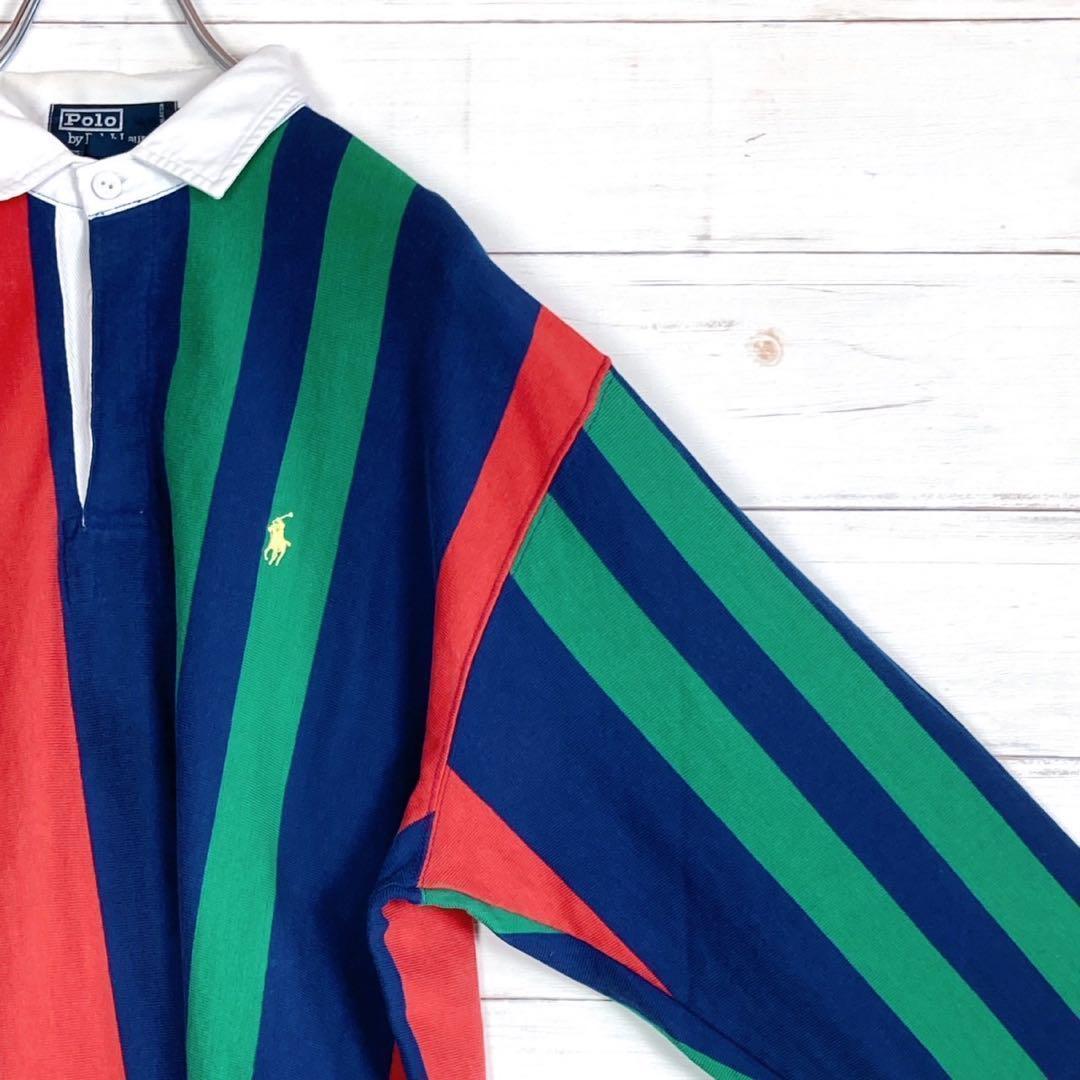 《美品》ポロバイラルフローレン☆M☆ラガーシャツ☆刺繍☆マルチストライプ☆M