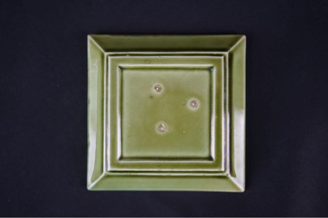 淡路珉平焼 緑釉 草文 四方小皿 9客 / 角皿 向付