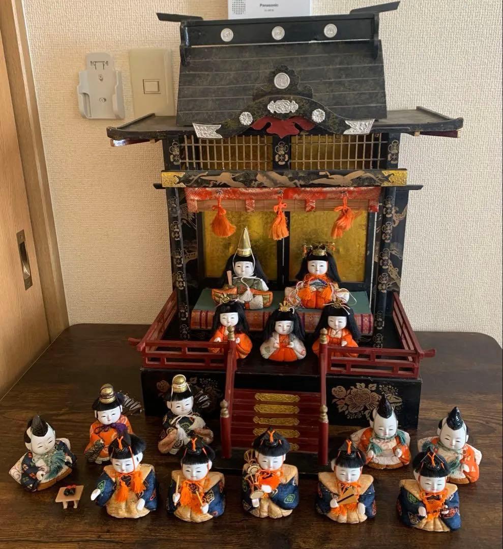 雛御殿 昭和初期 木製 木目込み雛人形15体 アンティーク 昭和レトロ 雛