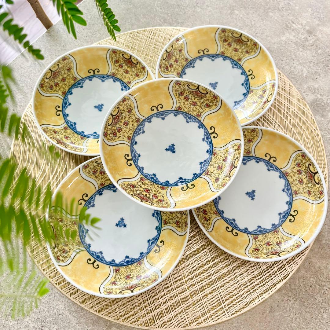 献上古伊万里 取り皿 5枚 黄色 イエロー 金彩 豪華 丸 中皿 ケーキ皿