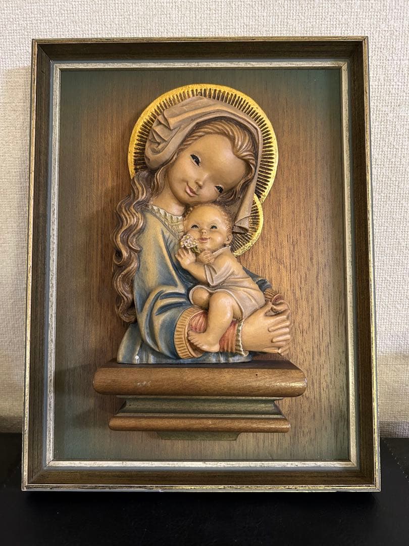 希少【ANRI 聖母子像】アンリ 壁掛け フェランディス 総木彫り 彫刻師