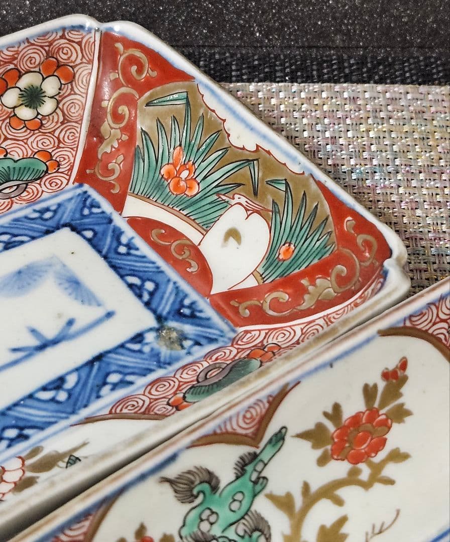 江戸時代末期 古伊万里 錦手 松竹梅に 獅子に菖蒲に鷺図 19.7cm 長皿2