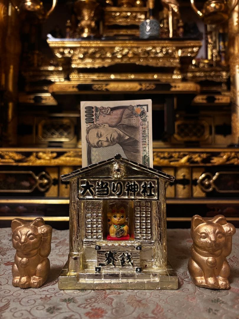 金運上昇】大当たり神社 ＆ 黄金招き猫 セット 宝くじ当選祈願 置物