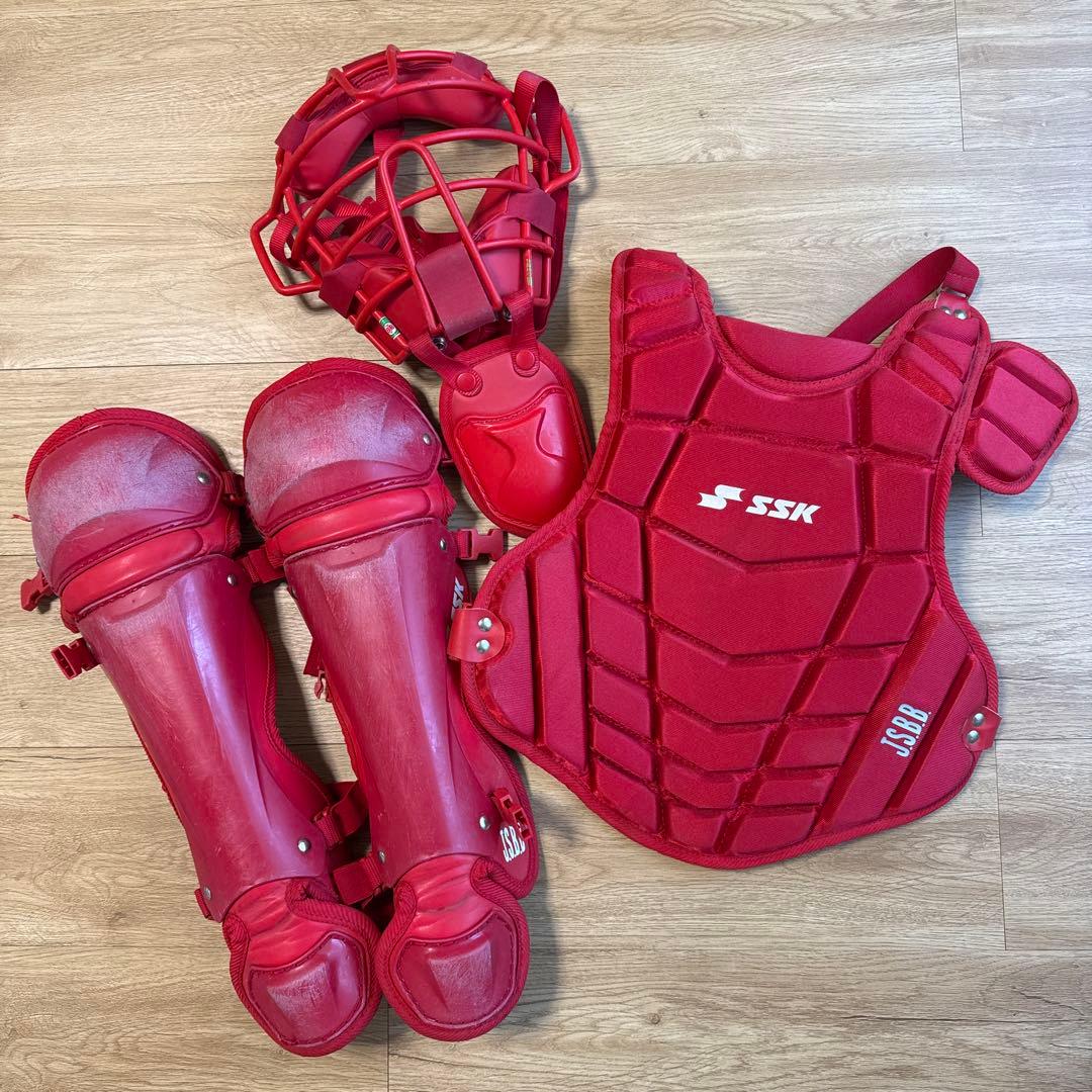 SSKキャッチャー用防具セットマスク(ミズノ)記名ありJSBB レッド少年