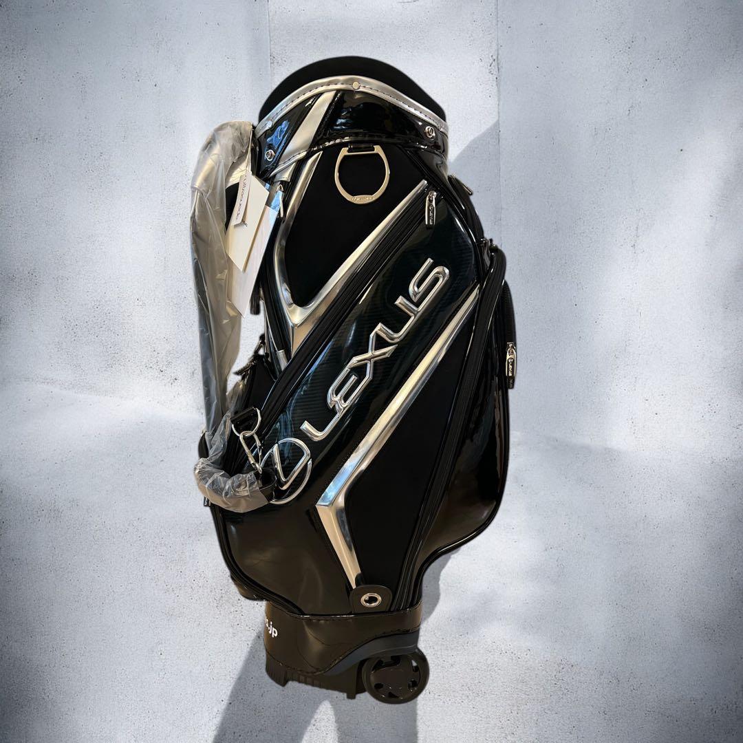最終値下新品LEXUS ブラック キャディバッグ ホイール付　ヘッドカバー3個付 最終値下げ 希少 LEXUSゴルフバッグ レクサスキャディバッグ フード