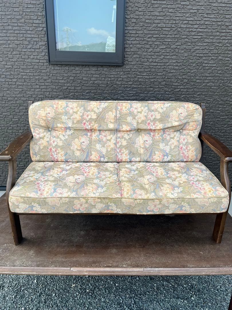 オールドカリモク 2人掛けソファ 花柄 木製フレーム 昭和レトロ