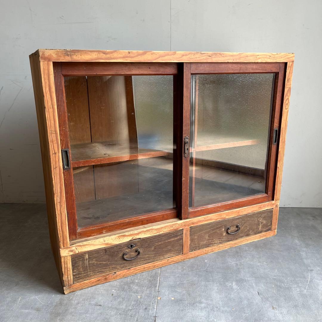 アンティーク ガラス 戸棚 本棚 食器棚 昭和レトロ キャビネット 無垢