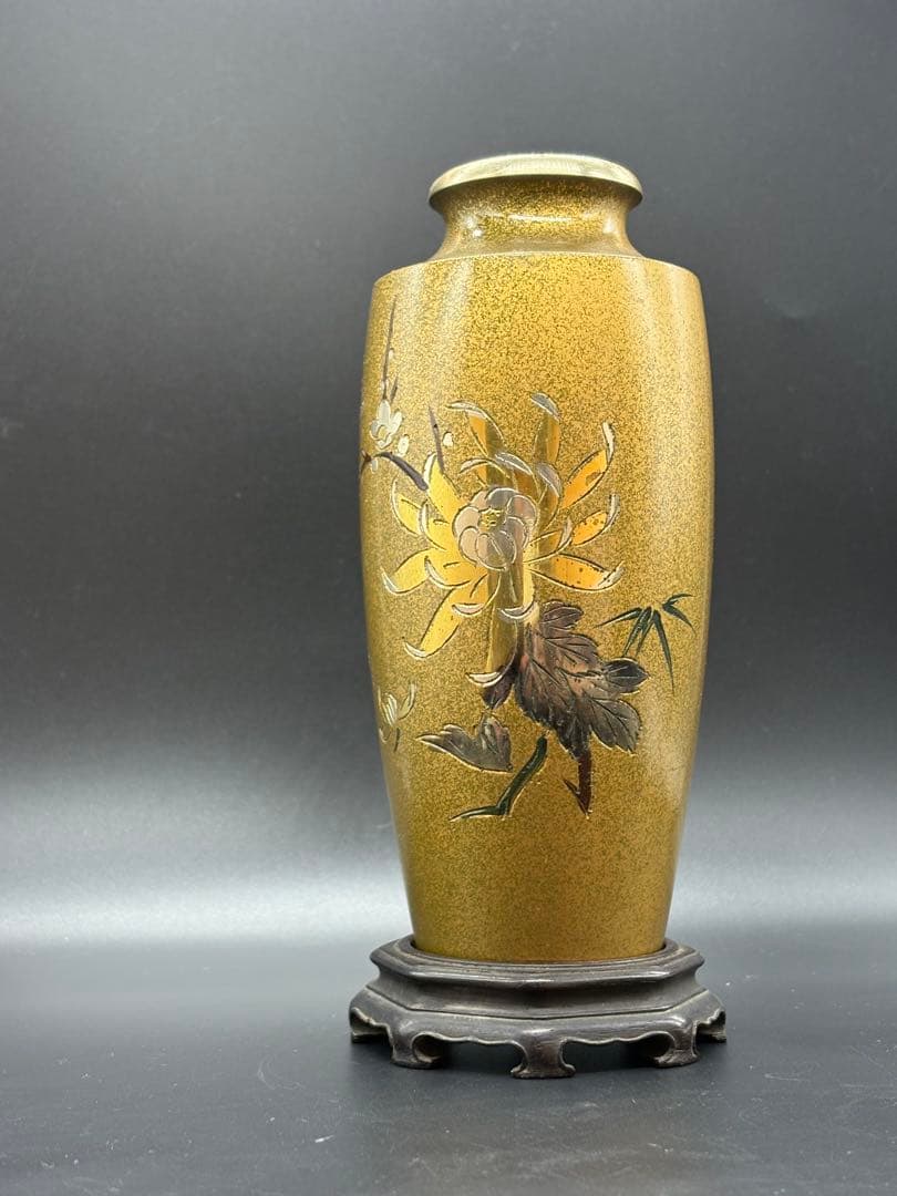 鋳銅 唐木花台付 花紋 花瓶 /金工 花器 花入 鋳銅 唐木花台付 花紋 花瓶 /金工 花器 花入