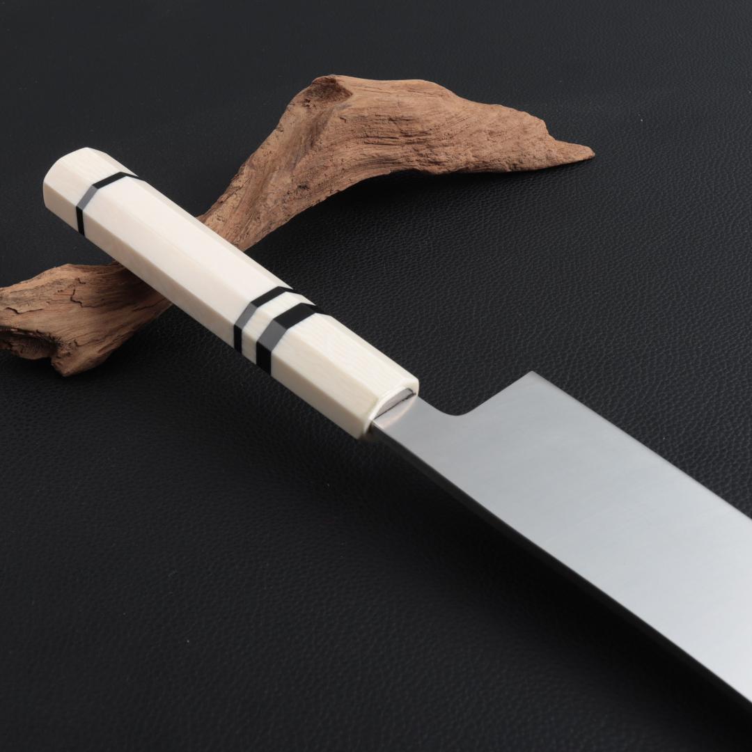 8937 三徳包丁 7寸 刺身包丁 両刃 万能包丁 人工象牙黒三本巻