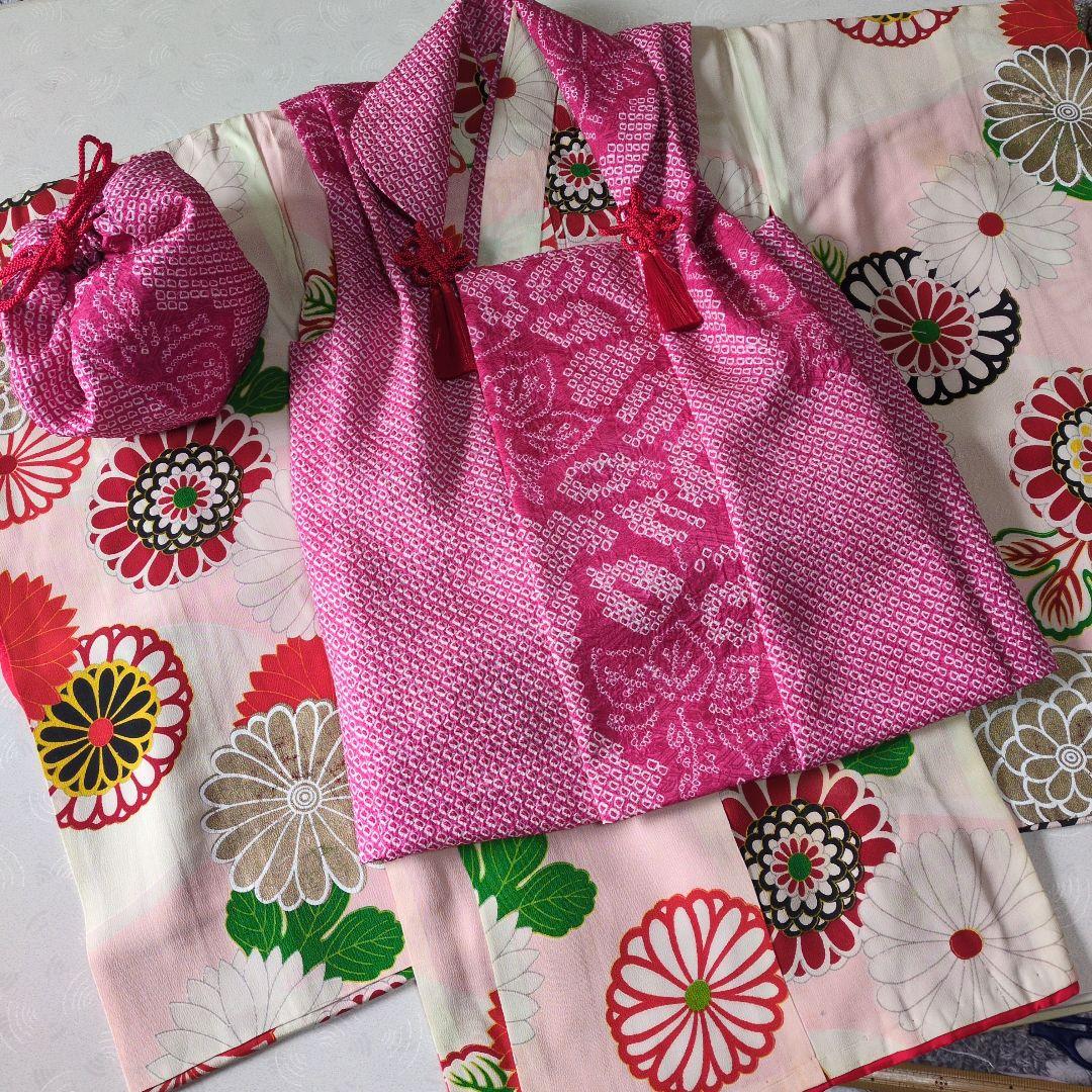 七五三3歳女の子アンティーク着物と正絹総絞り手縫いの被布と巾着