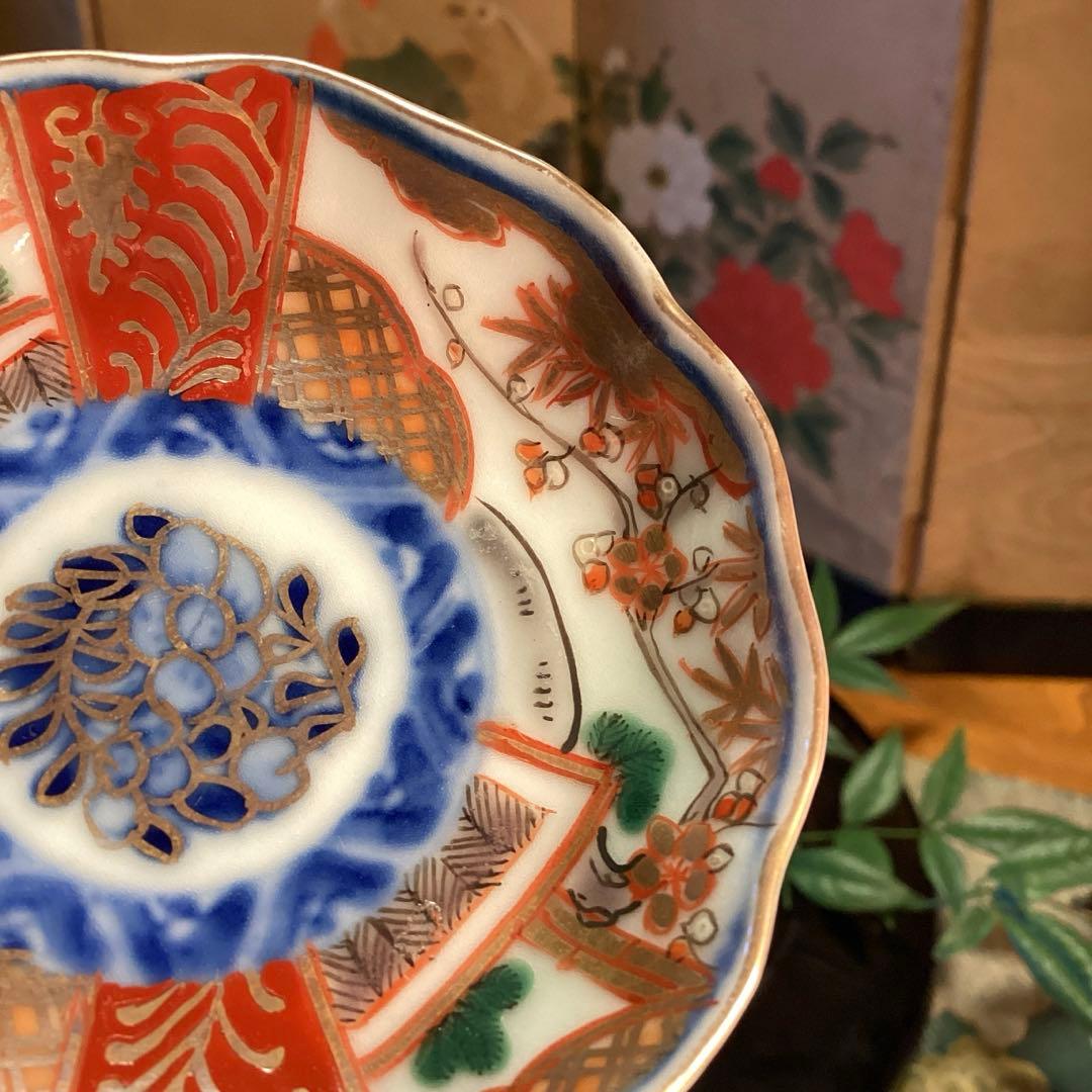 A1033 古伊万里 金襴手 梅に松 宝尽紋様 豆皿 ちびちび 5枚