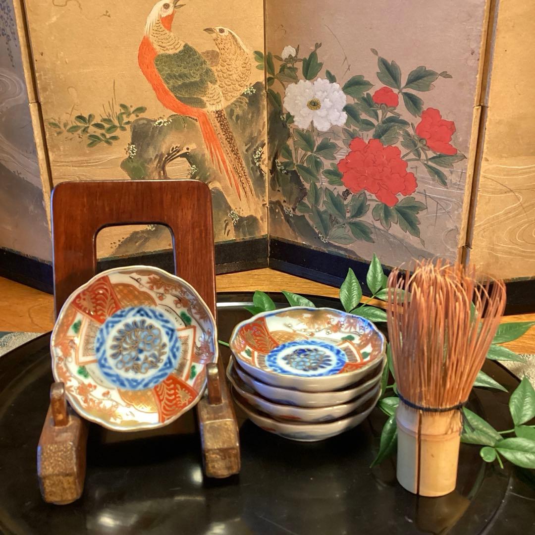 A1033 古伊万里 金襴手 梅に松 宝尽紋様 豆皿 ちびちび 5枚