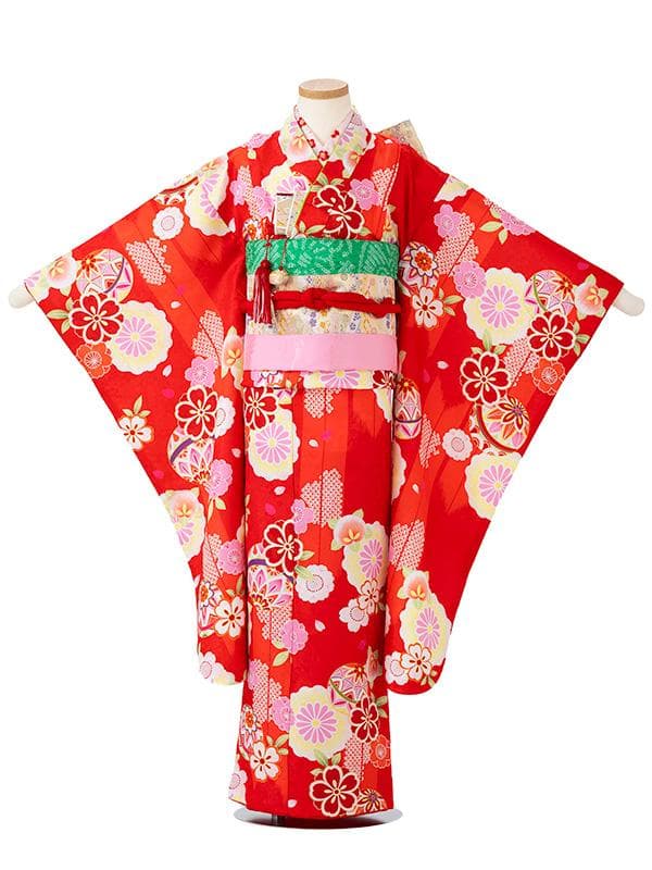 四つ身セット　まり柄　赤 七五三 7歳 四つ身着物フルセット「赤、絞り 束ね熨斗に手鞠」女の子 7