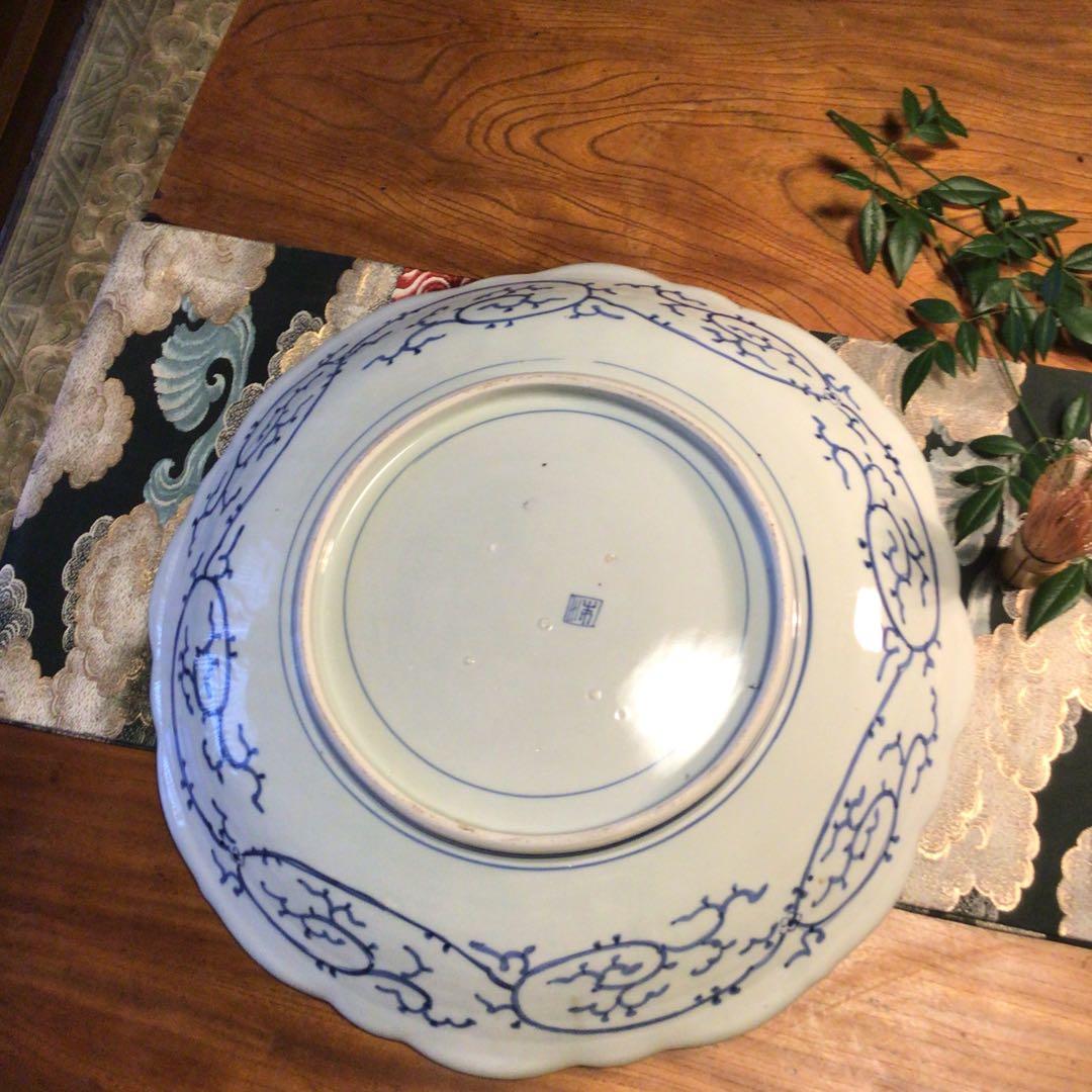 A865 古伊万里 染付 幕末線描 牡丹に柘榴紋様（1尺5寸）大皿 1枚