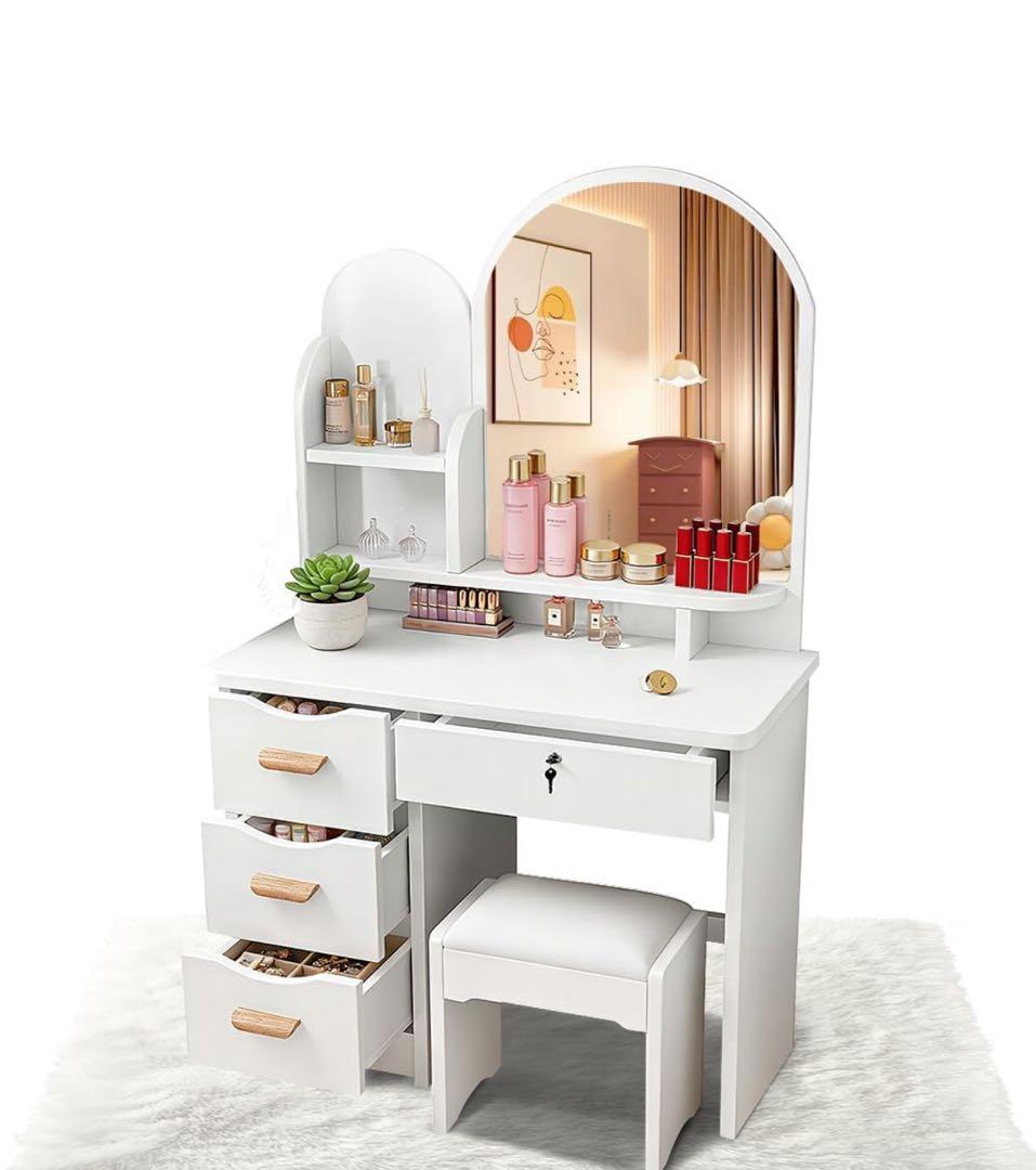 ドレッサー 女優ミラー 鍵付き 幅80cm 鏡台 収納沢山 姫系 スツール付き 楽天市場】ドレッサー 幅80cm おしゃれ 白 ホワイト ミラー 木製 大