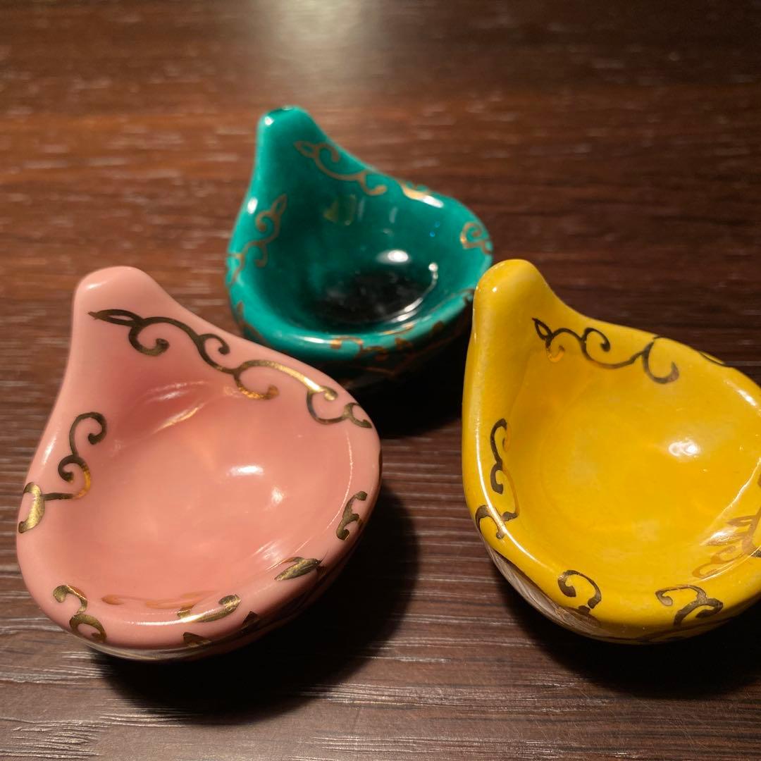 珍味入れ京焼 金唐草柄ちぎりもち緑交趾 黄交趾 ピンク3色 2セット 6個